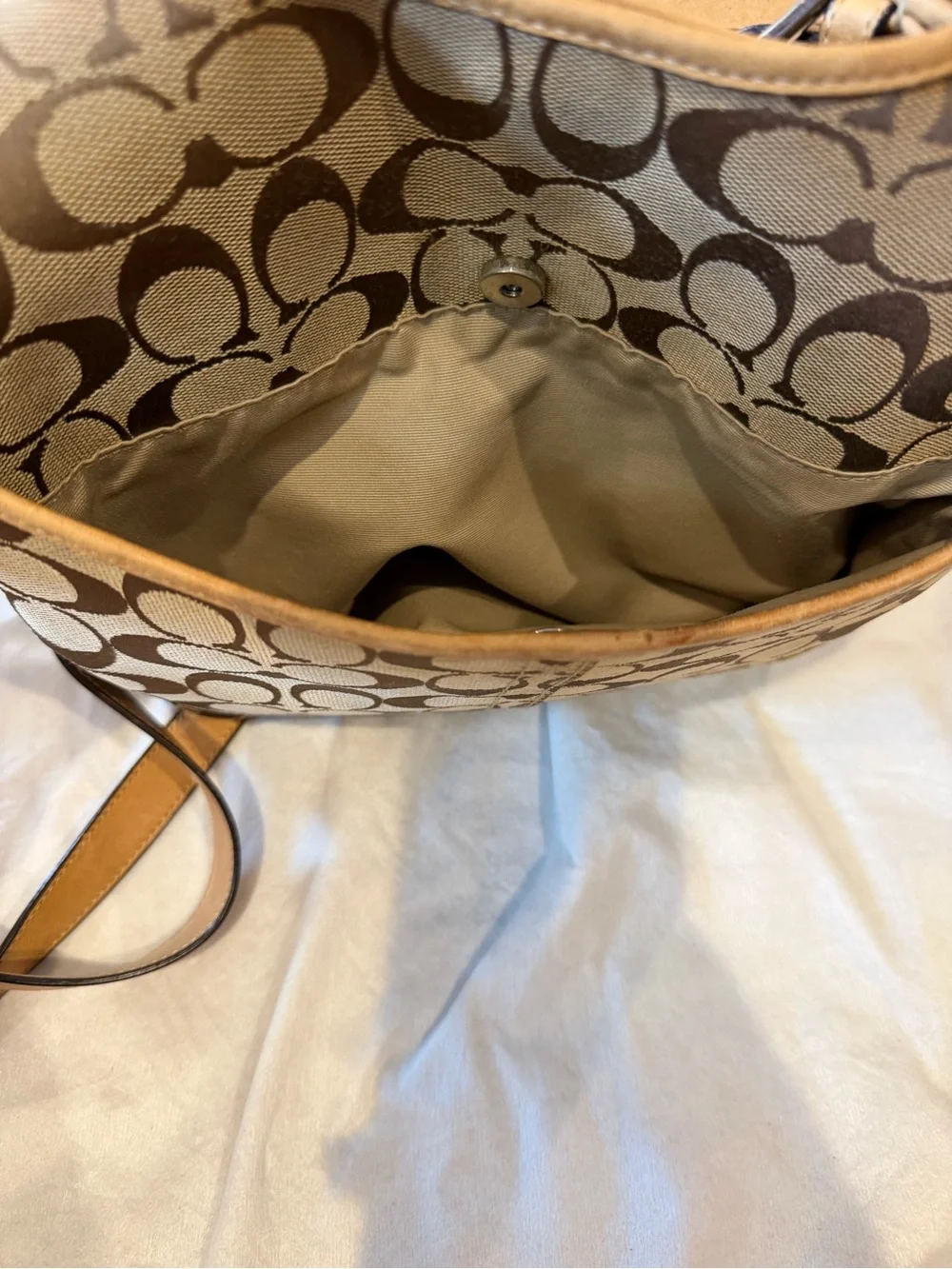 Coach Khaki/Brown Signature Canvas Shoulder Bag with Tan Trim